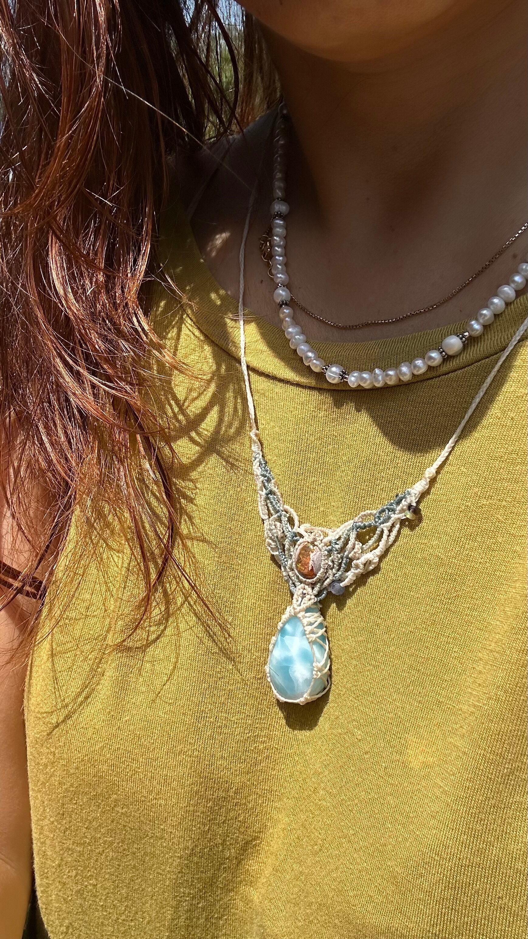 海と炎の遊色地層☆Cantera opal Larimar マクラメネックレス2021