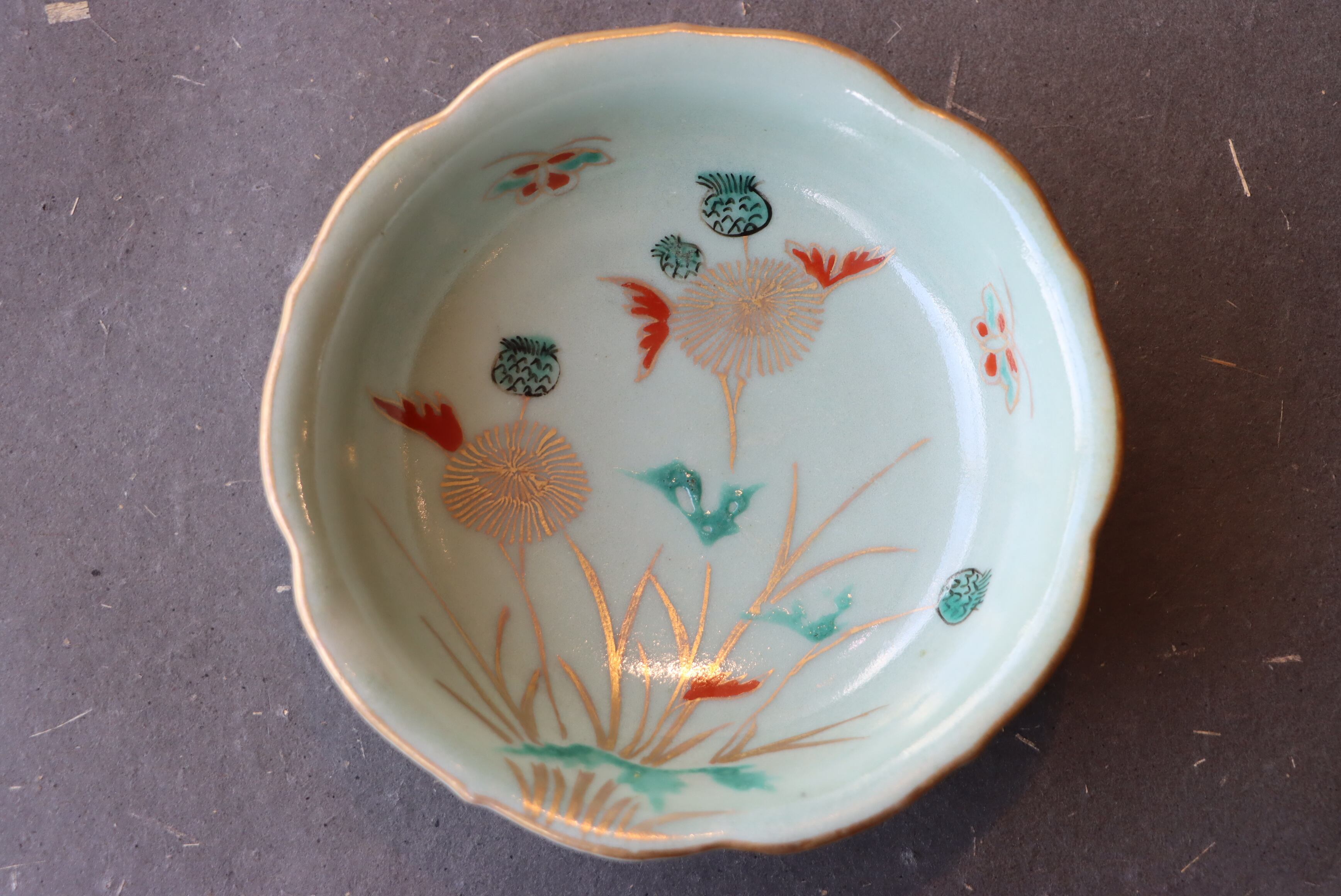 古伊万里 青磁 たんぽぽに蝶文 向付 五客組/Old Imari cup set of 5