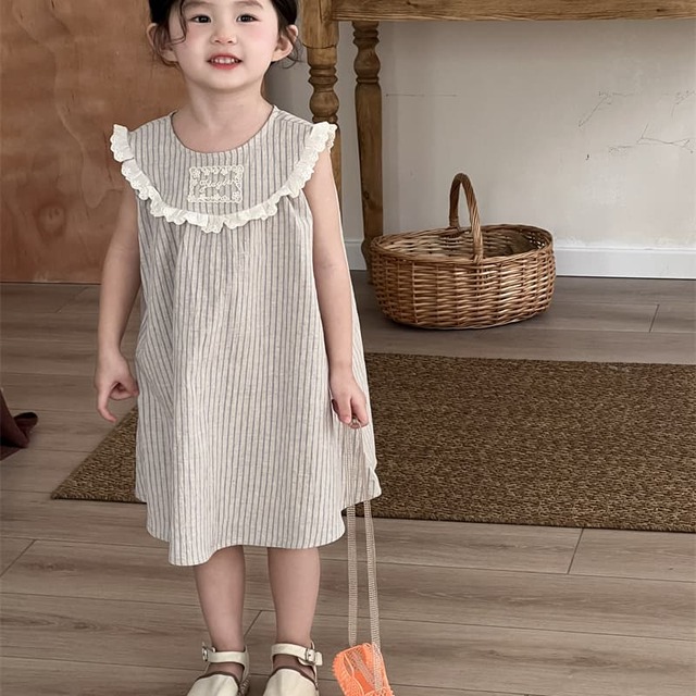 【2025夏新作】韓国風 女の子ワンピース レース付きストライプ ノースリーブ
