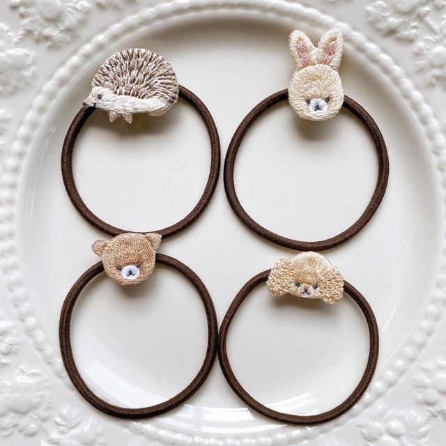 どうぶつ刺繍のヘアゴム