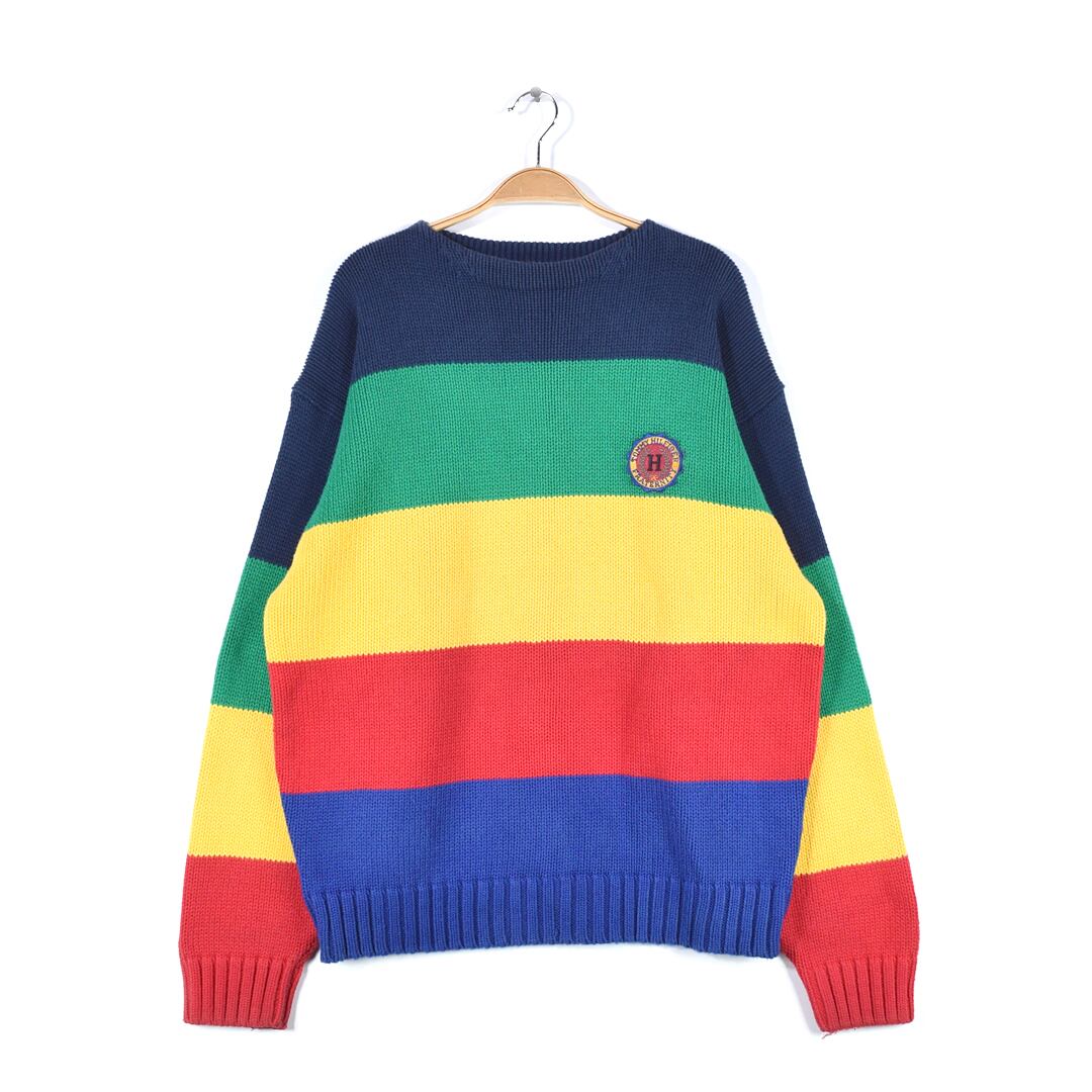 90s トミーヒルフィガー ボートネック コットンセーター マルチカラー 旧タグ オールド TOMMY HILFIGER メンズL 古着 @CH1064