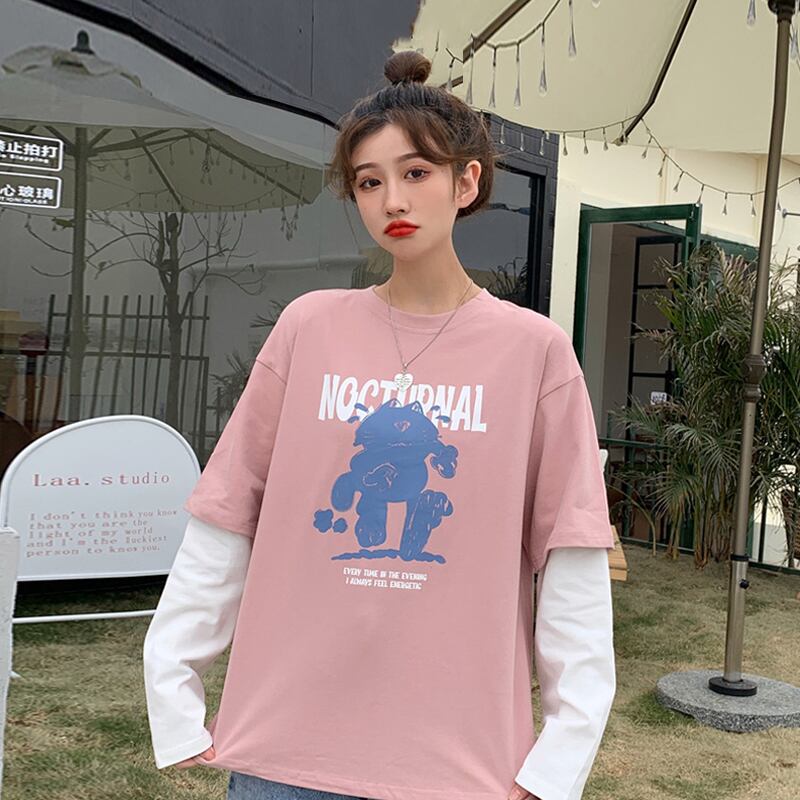 Tシャツ スプリングオータムルーズカジュアルトップス ロング 春物 秋物 ステッチ スーパーモール7725691390