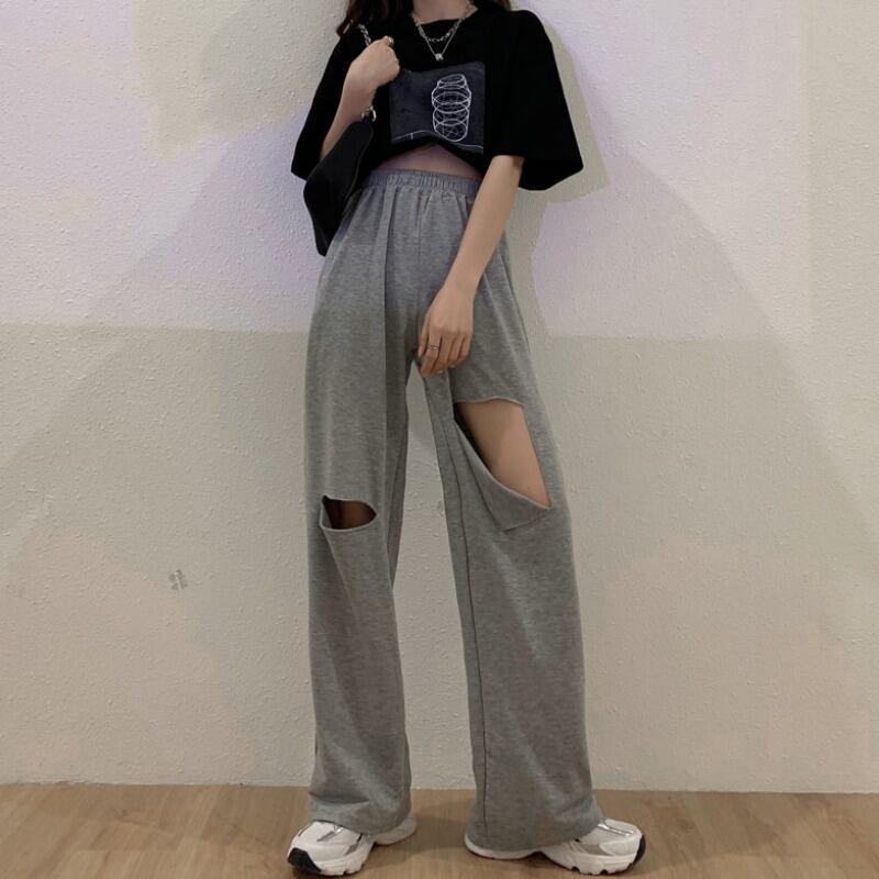 パンツ女性2020新しいスポーツパンツ夏の薄い灰色のワイドレッグパンツ破れたパンツ薄いモップカジュアルパンツ 1号婦人71662900143