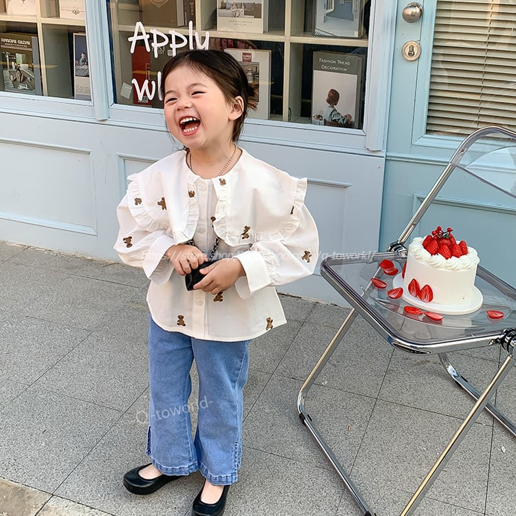 80 130 ブラウス トップス クマ フリル ガーリー ナチュラル 可愛い 韓国子供服 子供服 キッズ Q Toworld キュートワールド 子供服