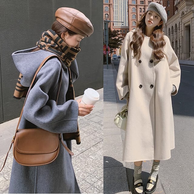 コート レディース アウター ロングコートカシミヤ ウール シンプル フード付き 秋冬 フェミニン おしゃれ かわいい デート お出かけ こなれ感 グレー/オフホワイト S/M/L/XL