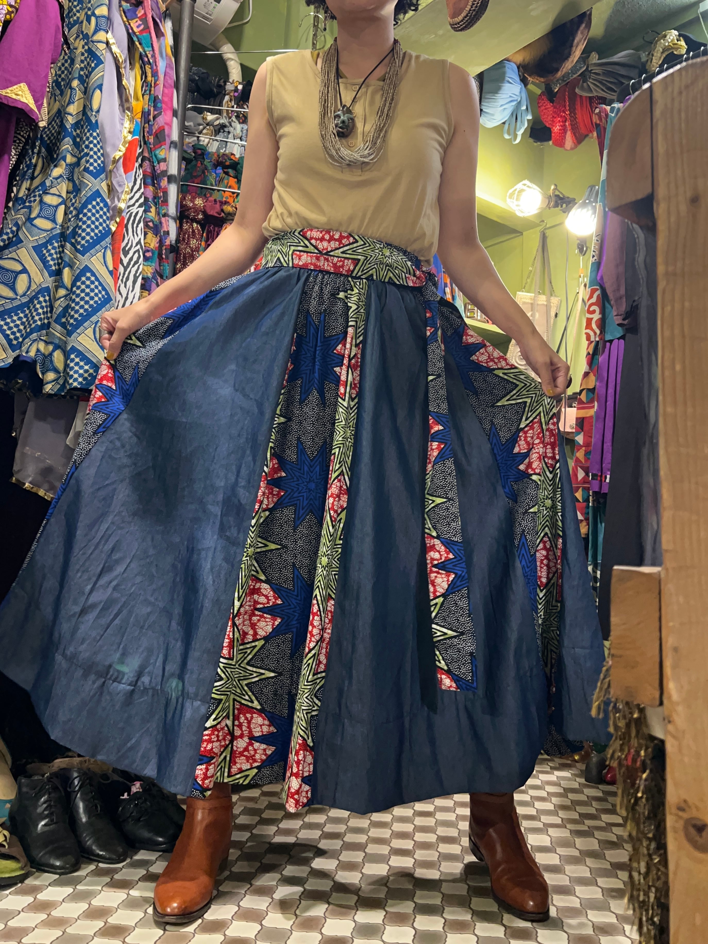Vintage africanbatik patchwork volume skirt