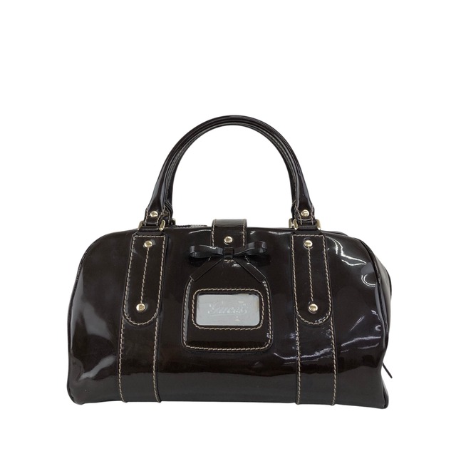 GUCCI グッチ ハンドバッグ ブラウン ベルト リボン エナメル ボストンバッグ vintage ヴィンテージ オールド dan4kc