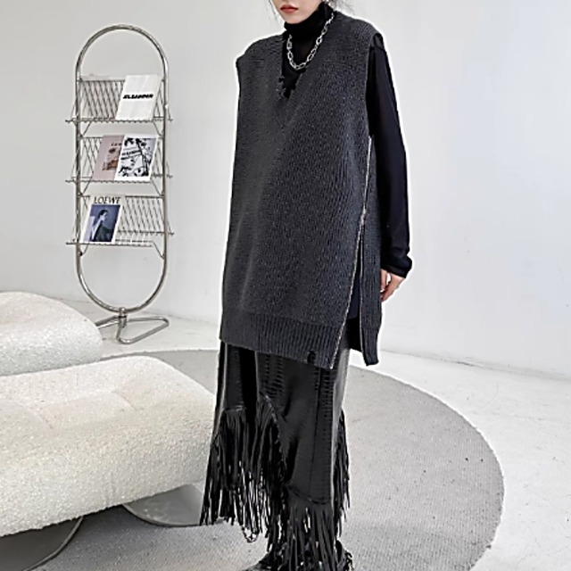 Side-zip long oversized vest C0086