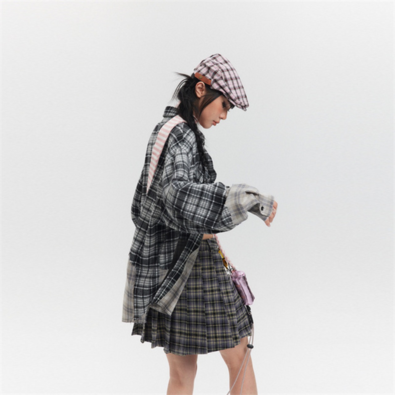 チェック柄 長袖 シャツ 切替 リメイク風 韓国 ストリート系 Y2K  