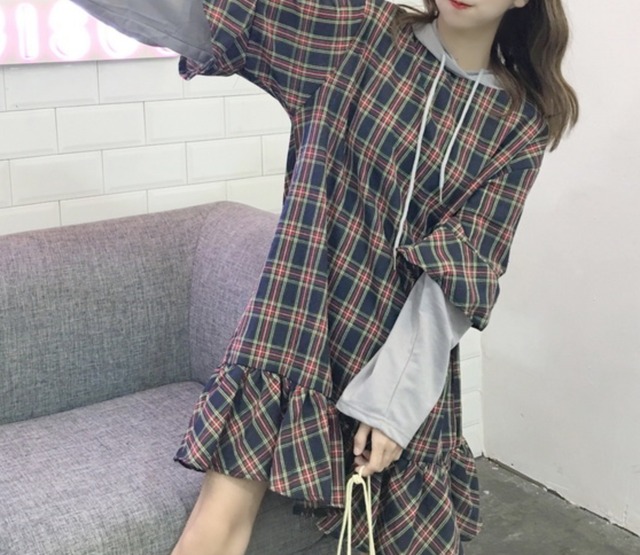 オルチャンファッション 秋 パーカー ワンピ チェック フード 韓国ファッション かわいい 26