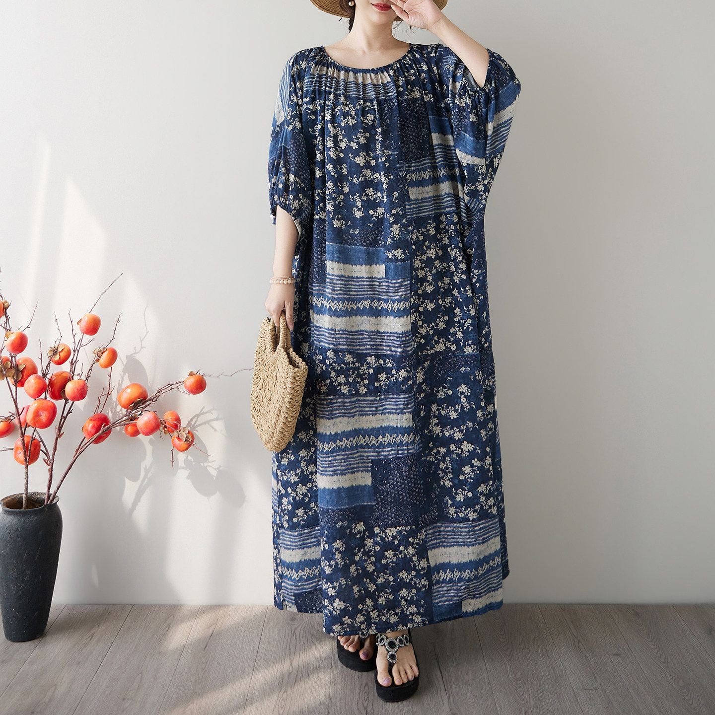 PRINT BALLOON SLEEVE GATHERED MAXI DRESS M-17665