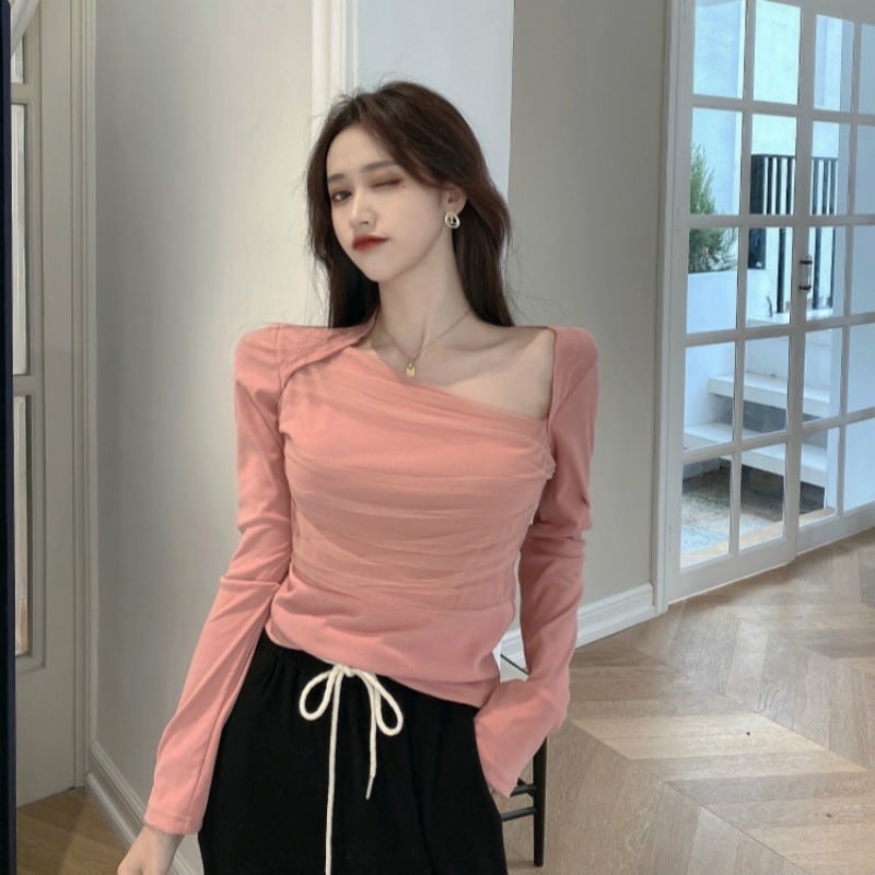 シャツ Tシャツ レディーススタイルストラップレスショート長袖スリーブトップス ロング ウィンター 冬物 ブラックストロベリース21360643349