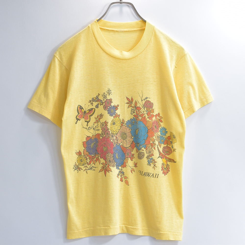 古着 ビンテージ 80s USA レーヨン 花柄 デザイン アート Tシャツ 80s USA製 バラ アート イラスト プリント Tシャツ メンズ XL 小さめ L