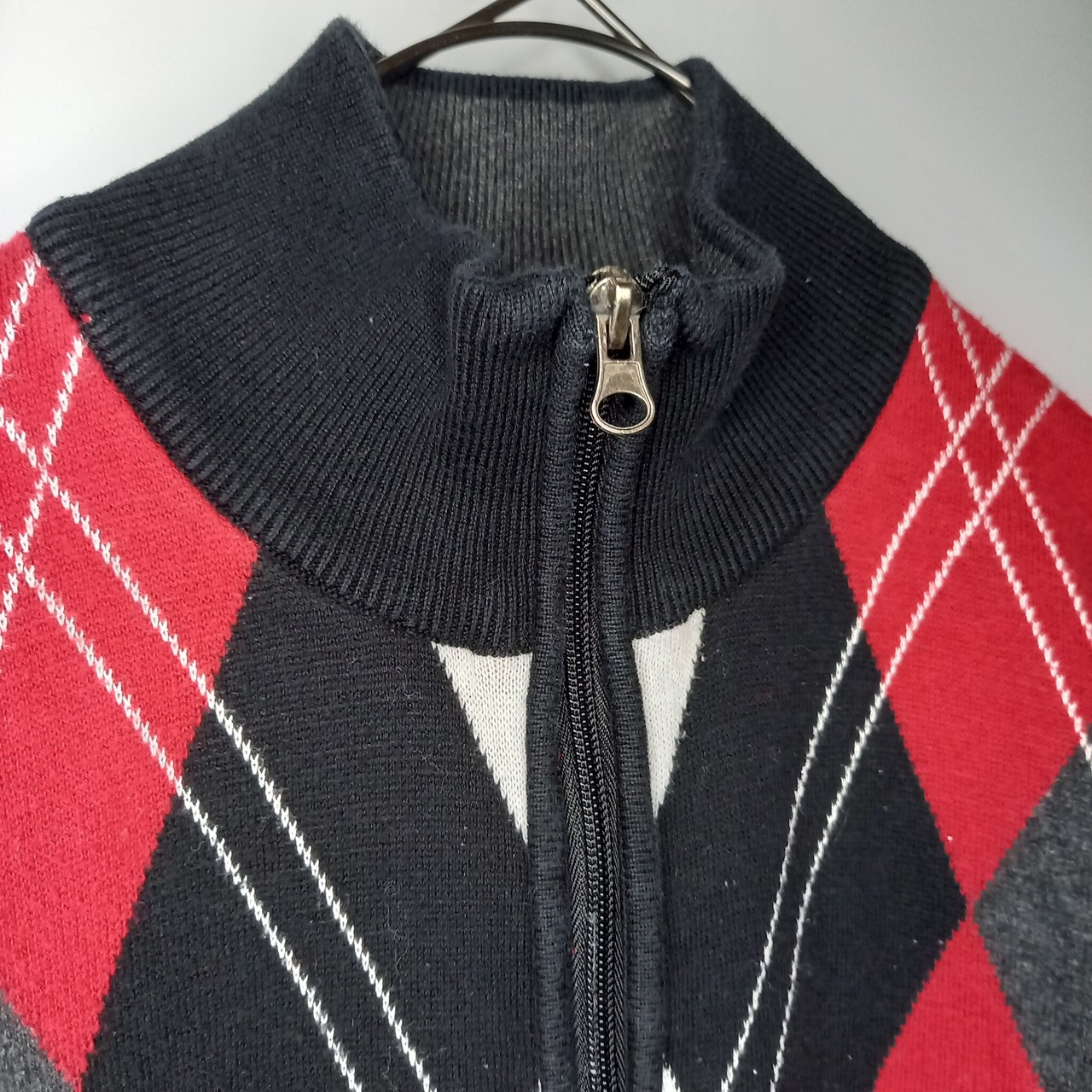 00s　XG　ハーフジップ　コットンニット　セーター　薄手　ハイゲージ　アーガイル　ブラック　XL