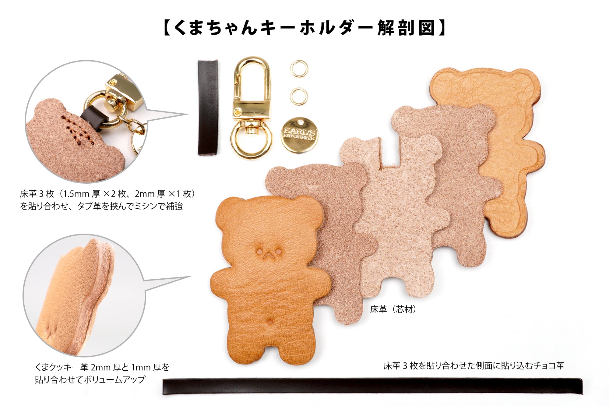 くまちゃんクッキーサンドのキーホルダー（本革製）／お菓子な革小物