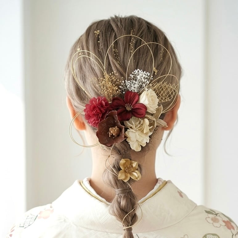 A612 クリア椿 赤 髪飾り 浴衣 成人式 卒業式 前撮り 結婚式 水引