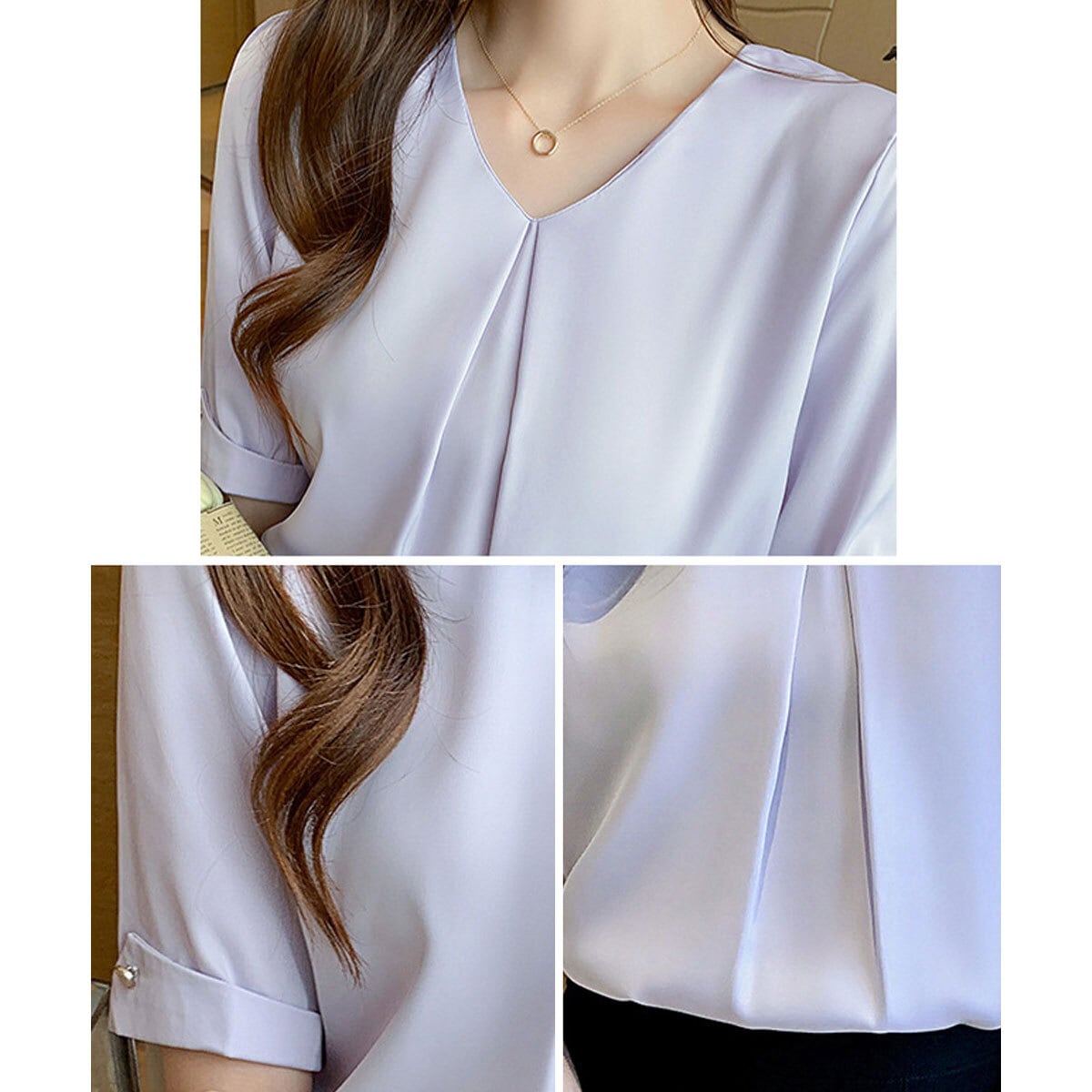 サテン風 ブラウス 半袖 Vネック レディース 春夏 きれいめ 大人 フェミニン 通勤 ビジネス オフィス OL 参観日 入学式 卒業式 入園式 卒園式 シンプル 清楚 上品 大人可愛い 大人女子