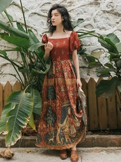 【0054】Square Neck Ethnic Short Sleeve Dress