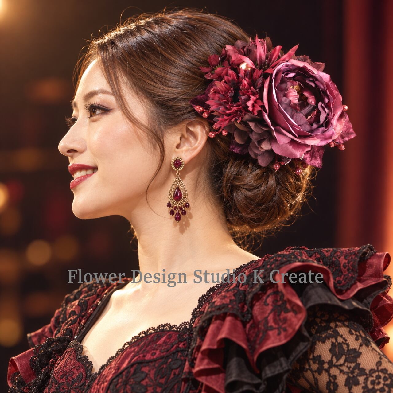 ボルドー薔薇のフラメンコ髪飾り・ヘアクリップ|イングリッシュローズ×ガーベラ|舞台・発表会