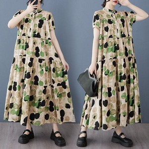 PRINT STAND COLLAR HALF SLEEVES A-LINE LONG SHIRT DRESS 1color M-13018