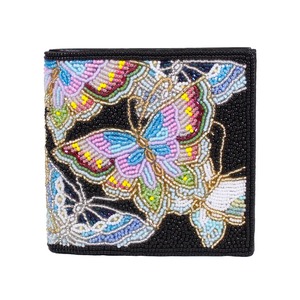 ビーズ刺繍二つ折り財布（#052 黒 蝶柄）
