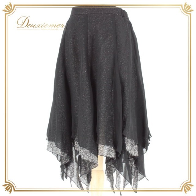 社交ダンス 衣装 スタンダード ラテン スカート レッスンウェア レディース Papillon ブラック系 レース 練習着 シンプル フォーマル 上品 パピヨン 日本製 ブラック シルバー ラメ風 切替 フレア イレギュラーヘム フリンジ風 裾広がり 巻きスカート風 パーティー 発表会 舞台衣装 練習用 レッスン用 ダンス女子 上品コーデ 大人かわいい エレガント スタンダード用 ラテン用 ダンススカート 大きいサイズ L レディース きれいめ 体型カバー