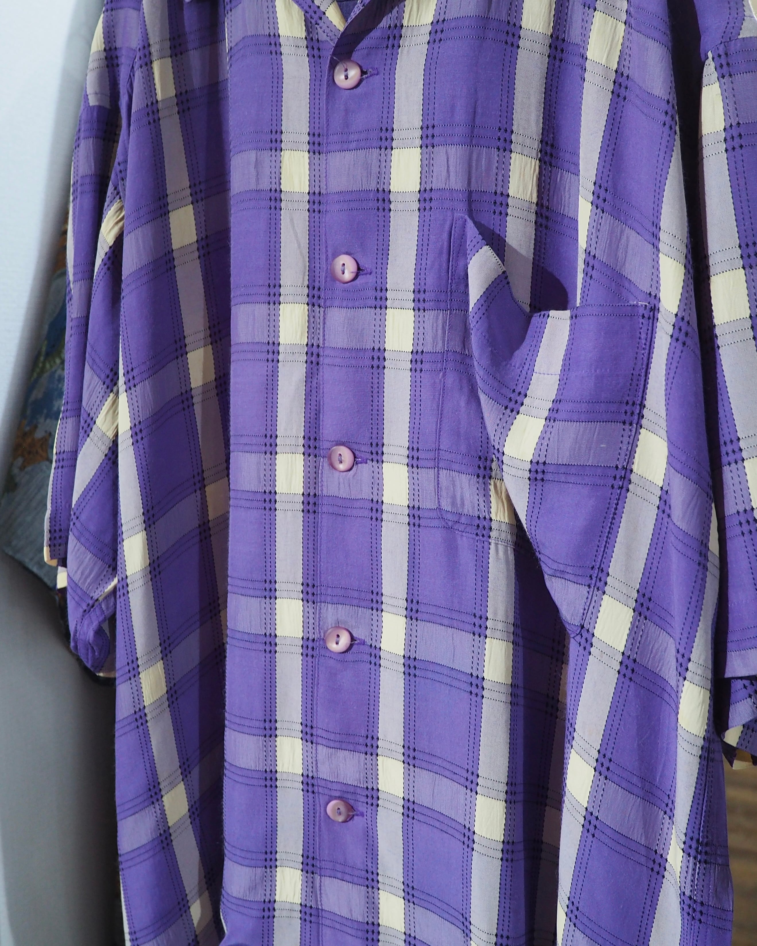 1990s " JUNKO KOSHINO " White Purple Check pattern vintage Open collar SS shirt