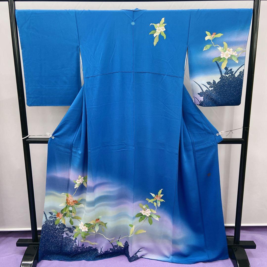 レディース BY5793 未使用品 大島紬 青 チェック 着物 正絹 おしゃれ着