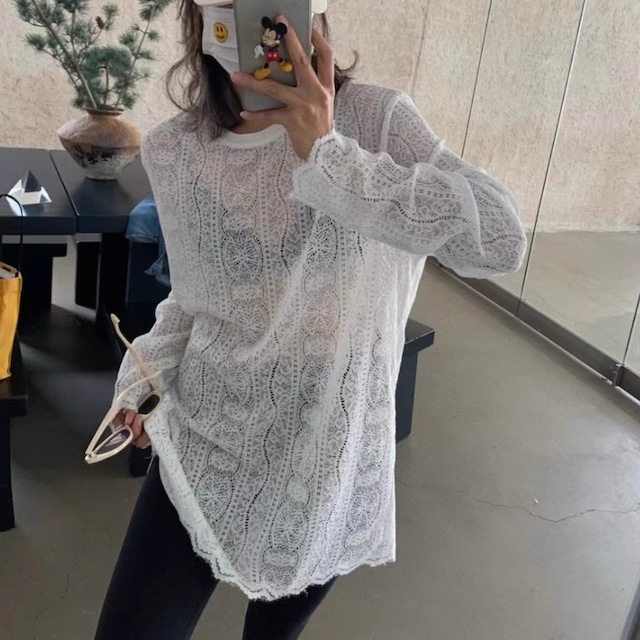 lace loose mid-length blouse　2litr03266