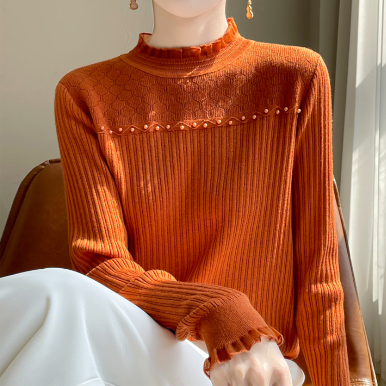 ハーフハイネックレースボトミングニットトップ 5color  A01062