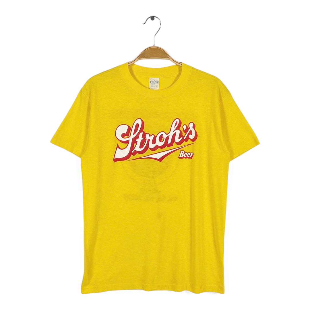 80s ストローズ ビール USA製 ヴィンテージ Tシャツ インディーカーレース 企業系 イエロー シングステッチ サイズM相当 古着 BZ0527