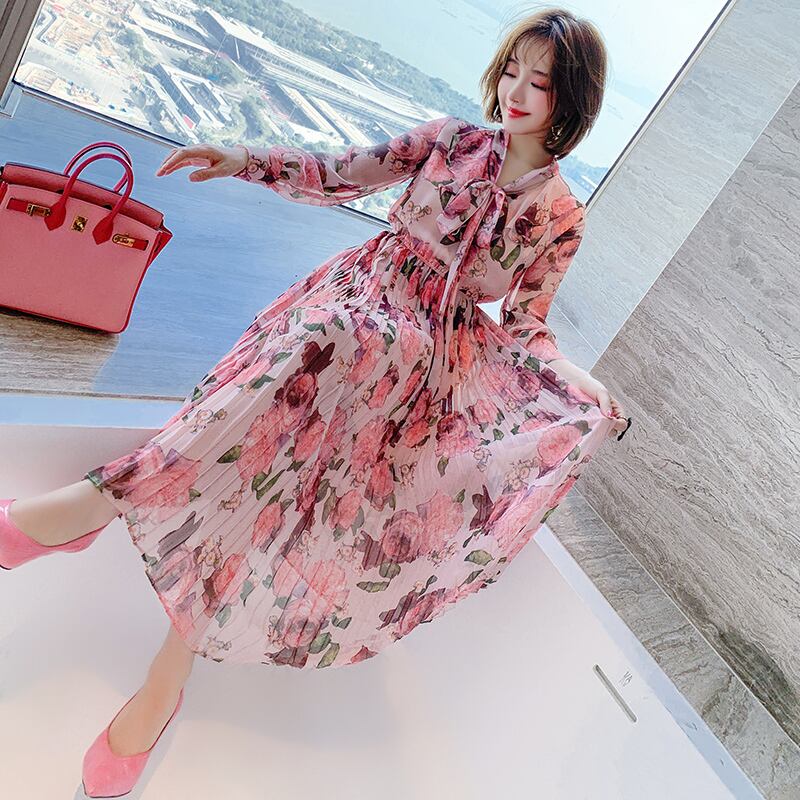 ストレッチウェストプリント柄プリーツドレス スプリング エラスティック 伸縮 春物 MIUCO21966671394