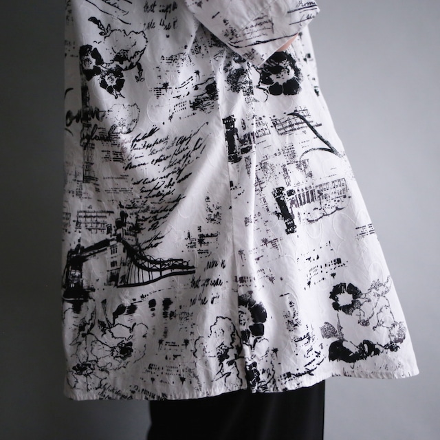 "black × white " flower embroidery h/s mode shirt