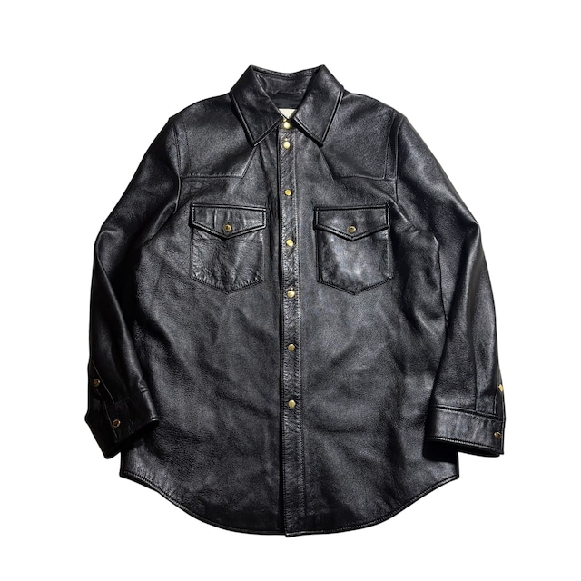 GUCCI back embossed logo black leather snap shirt jacket