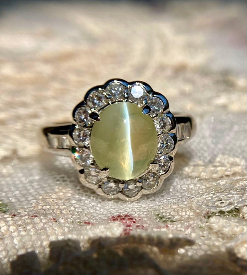 pt900 ミルク＆ハニー クリソベリルキャッツアイ3.27ct ダイヤ指輪