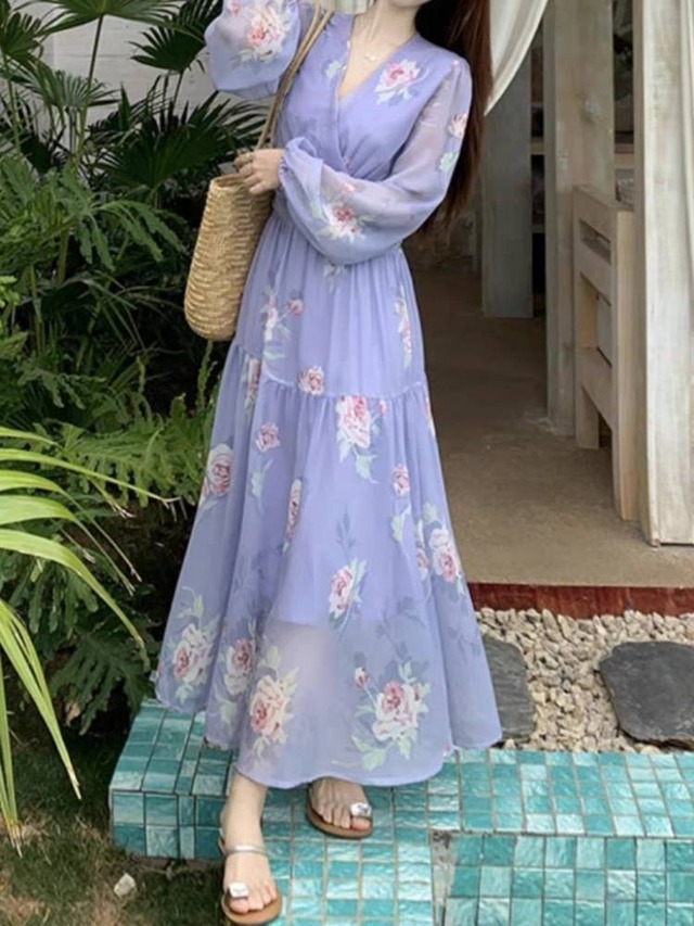 上品な華やぎを纏う ラベンダーフラワーワンピ 大人可愛い ウエストシャーリング リゾートワンピ お洒落 お呼ばれ 細見え 体型カバー 大きいサイズ 韓国 CH11559