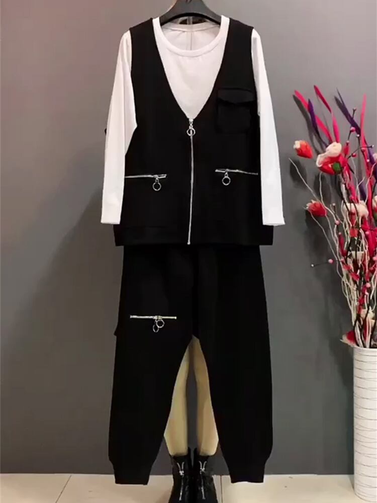 スプリングラウンドネックダブルジッパーポケットパンツ 大きめサイズ 春物 Oネック ミックスインファッション52615970503