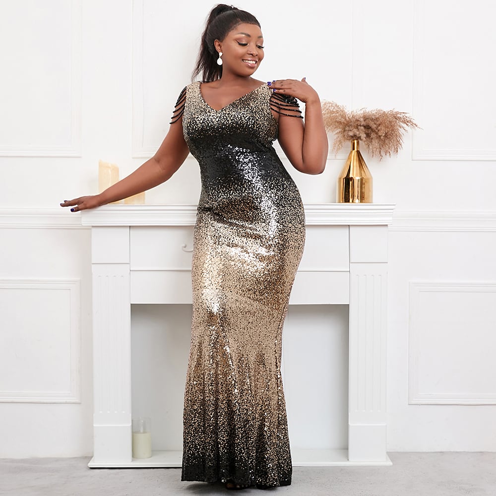 プラスサイズの女性青赤スパンコールビーズイブニングドレス V ネック