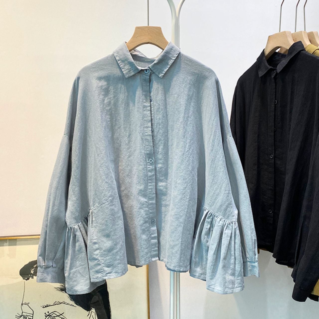 フリルスリーブ切替 ゆったりシャツブラウス Ln00366