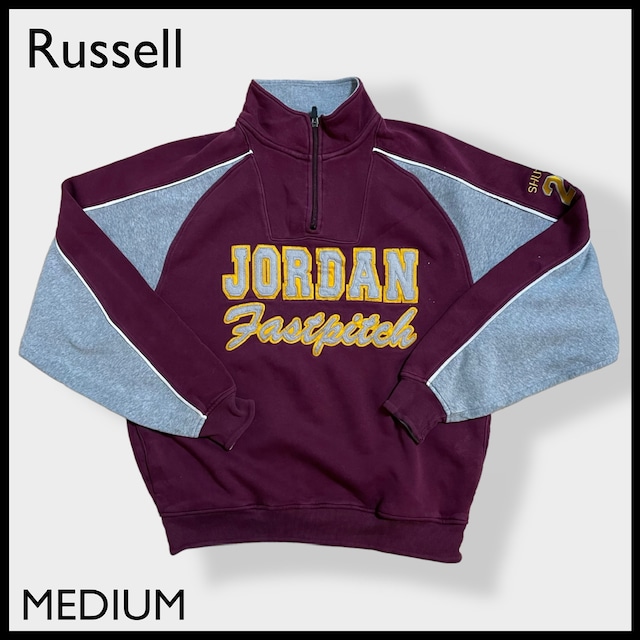 【Russell】JORDAN FASTPITCH 高校 ソフトボール部 ハーフジップ スウェット プルオーバー バックロゴ ラグランスリーブ 刺繍 バッチ 切替 MEDIUM ラッセル US古着