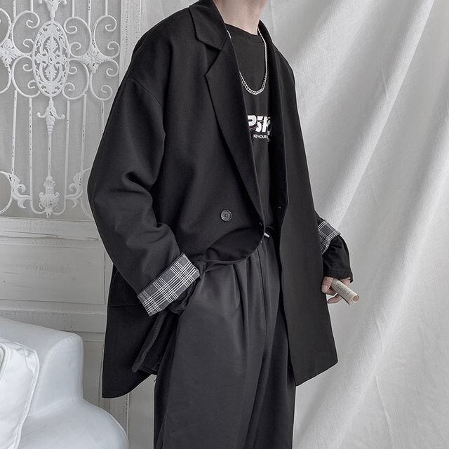 【予約販売】ジャケット メンズ 無地 チェック袖 グレー ブラック ドレスアップ シック こなれ感 お洒落 パーティー 結婚式 二次会 パーティー エレガント 韓国 トレンド 春 S/M/L/XL