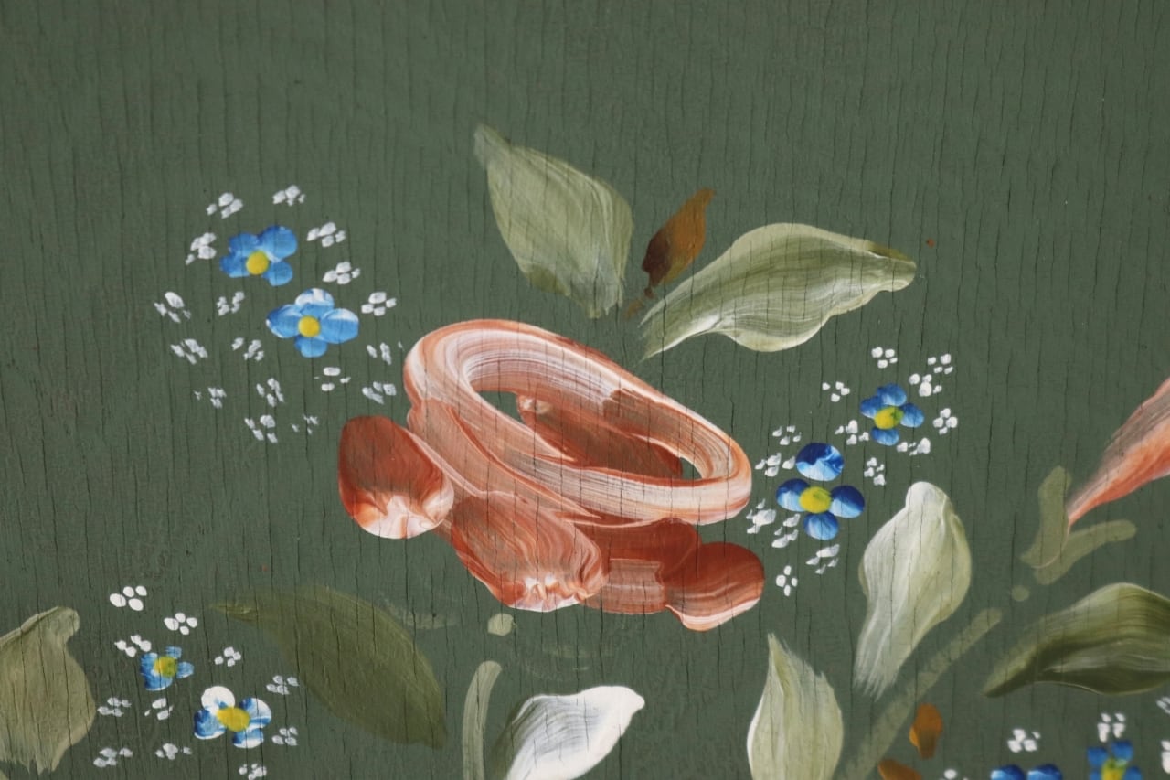 レトロ 建具 扉 引き戸 ドア ペイント 緑 グリーン 花柄 木製