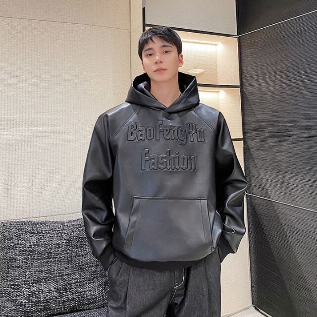 【予約販売】パーカー フーディー シンプル 長袖 メンズ ブラック エンボス レザー 無地 カジュアル こなれ感 お洒落 韓国 トレンド 冬秋春 M/L/XL