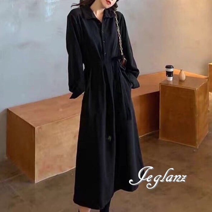 2色 シャツ ワンピース ドレス 共ベルト シンプル カジュアル派 (MA983)γ