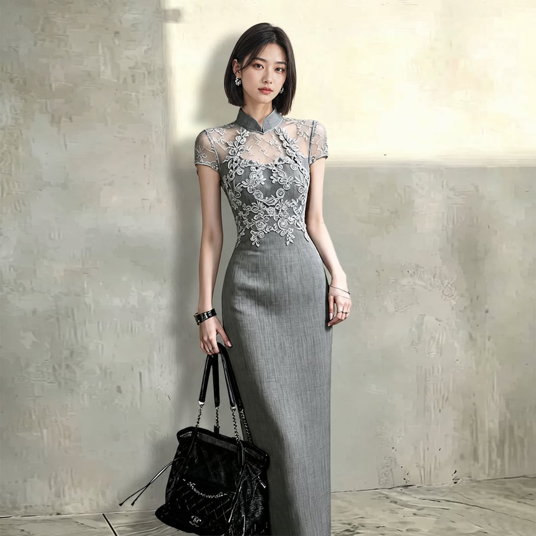 Lace Decor Stand Collar Long Dress V3461