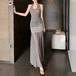 【2点セット】バックリボンドットホルターネックトップス＋シアーマキシスカート ・77233