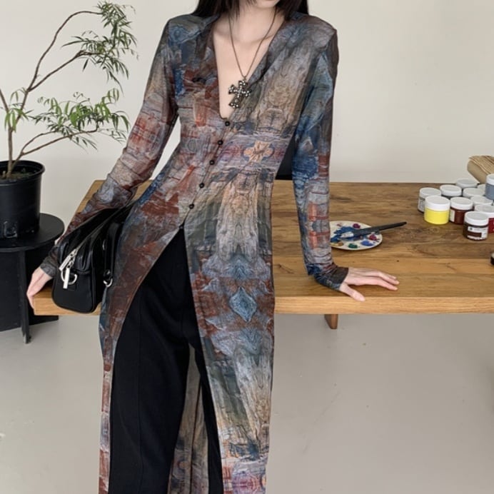 Printed mesh long cardigan S37