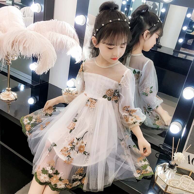 超可愛い 女の子ワンピース 子どもドレス 子供服装 ステージ 舞台衣装 結婚式 花童 ウェディング 誕生日プレゼント パーティー ピンク ホワイト 白い 長袖 刺繍 ラウンドネック Elegant