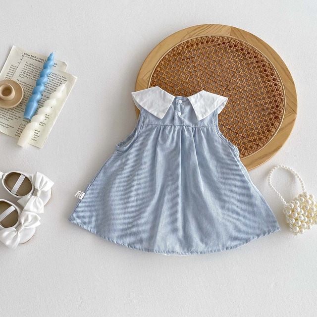 【BABY】大きなリボン襟ストライプドレスロンパース - 6