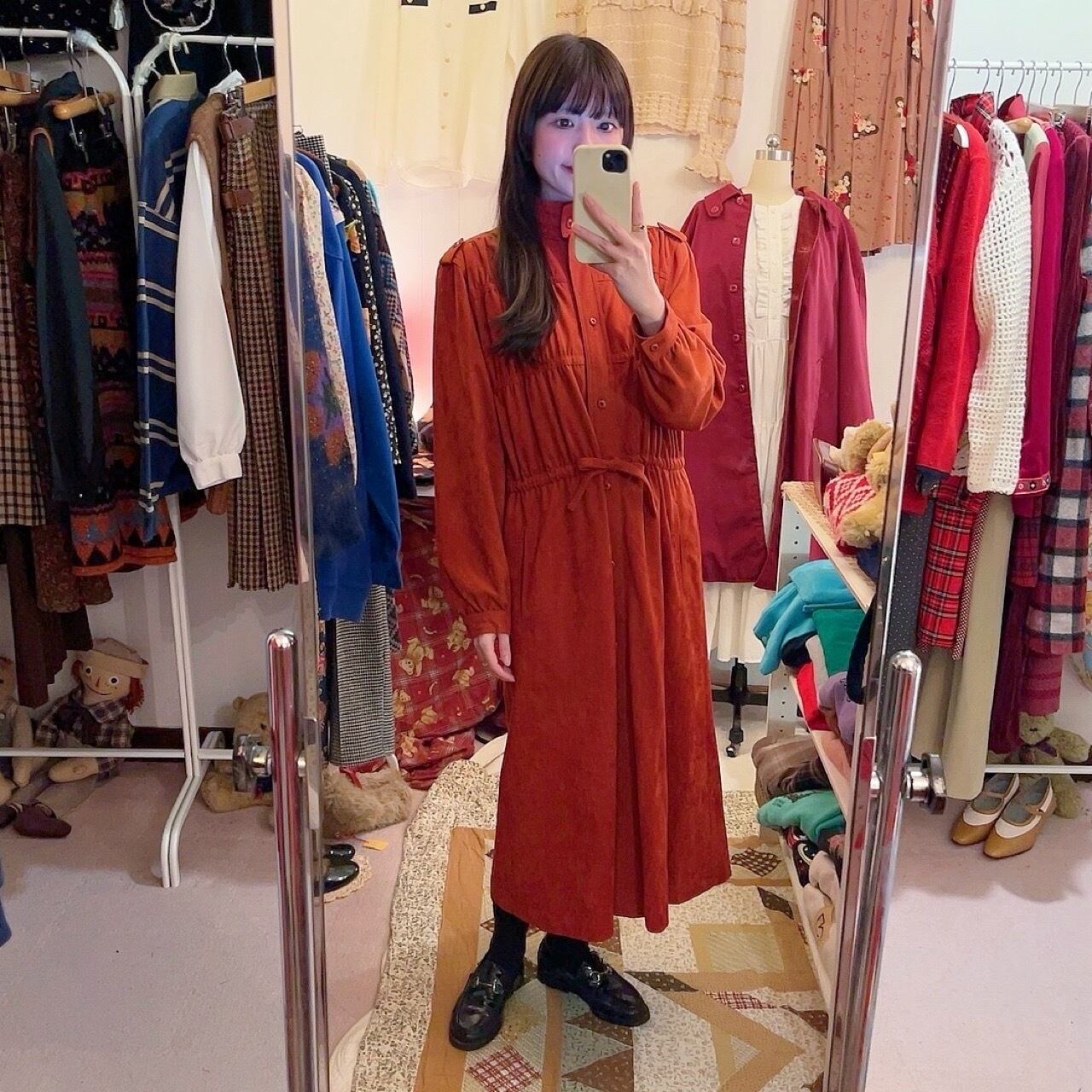 dark orange gather ribbon one-piece